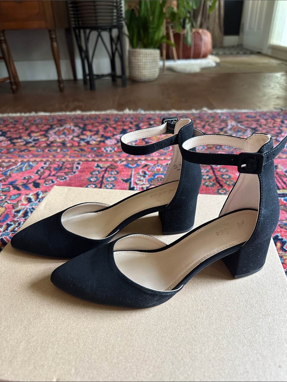 Black Ankle-Strap Block Heel Pumps for Women